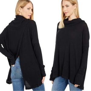 Free People Juicy Long Sleeve Black Ribbed Split Back Cowl Neck Top - M